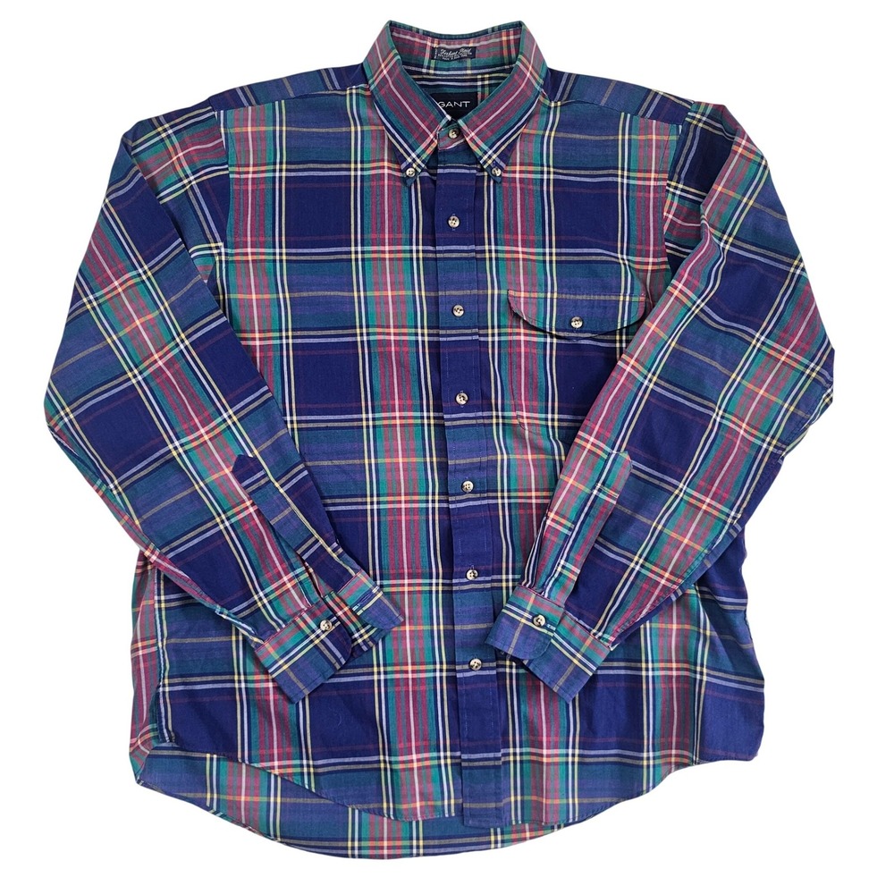 Gant Foxhunt Plaid Shirt Mens Large Blue Green Red Long Sleeve Button Down Vtg